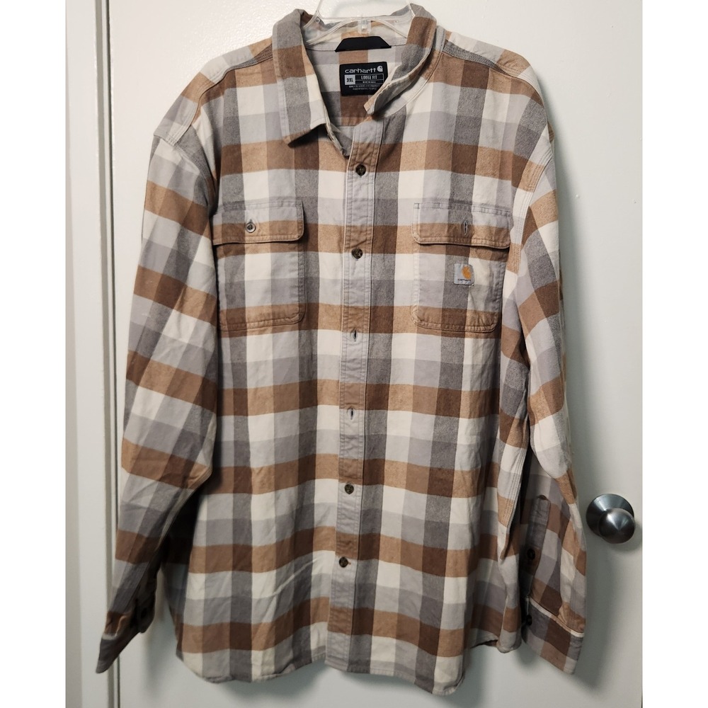 Carhartt Beige Gray Flannel Loose Fit Long Sleeve Button Shirt Cotton 3XL Flaw